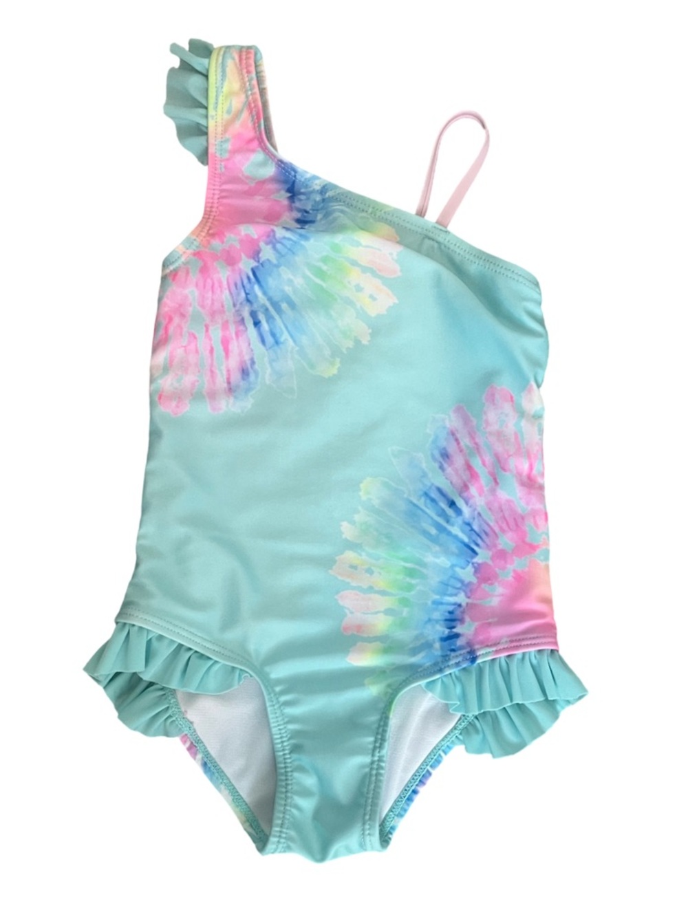 Shellha One-Shoulder Pastel Ruffle Girls Swimsuit - Aqua/Pink Size 4 Toddler